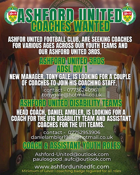 Ashford United Football Club are on the lookout for coaches and assistants